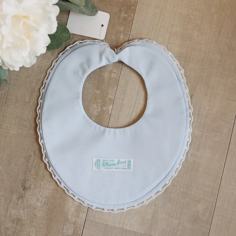 Blue Heirloom Bib with White Embroidery Duck Detail Feltman Brothers New